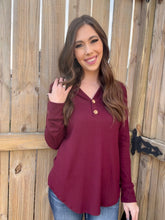 Load image into Gallery viewer, Cute As a Button Burgundy Long Sleeve Top