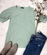 Load image into Gallery viewer, Sage Swiss Dot Puff Sleeve Top