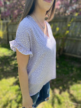 Load image into Gallery viewer, Lavender Speckles & Spots Ruffle Sleeve Top