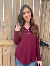 Load image into Gallery viewer, Cute As a Button Burgundy Long Sleeve Top
