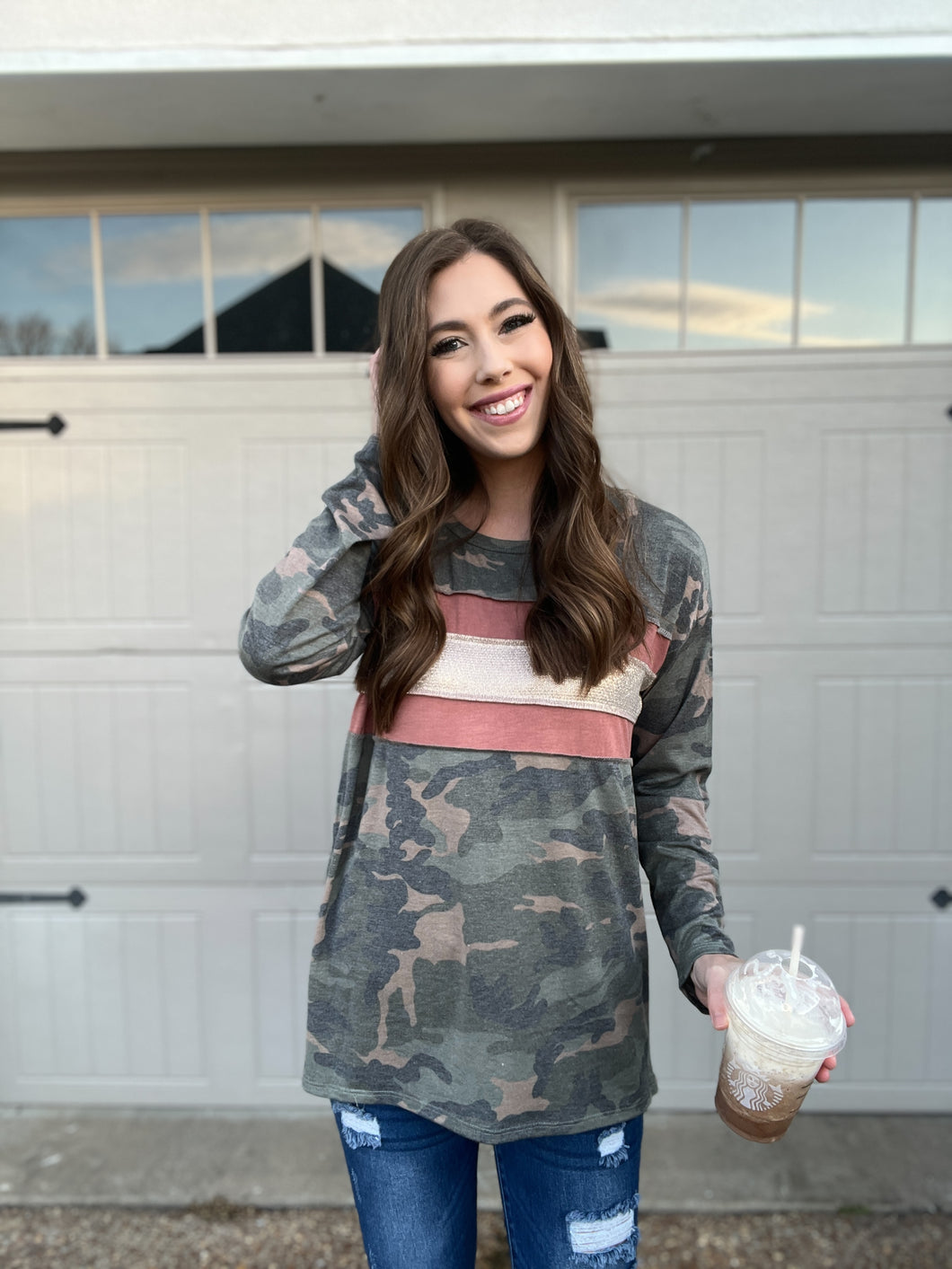 Women's Camo and Metallic Stripe Long Sleeve Top