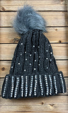 Load image into Gallery viewer, Charcoal Rhinestone Pom Beanie
