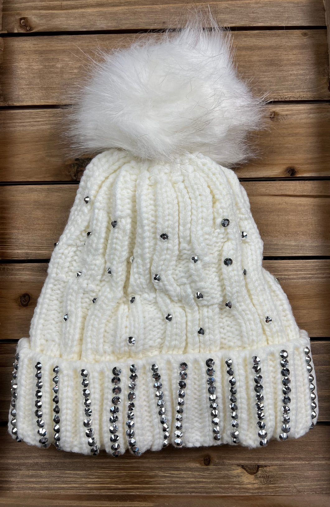 Cream Rhinestone Pom Beanie