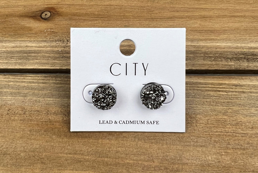 Hematite Round Druzy Post Earrings