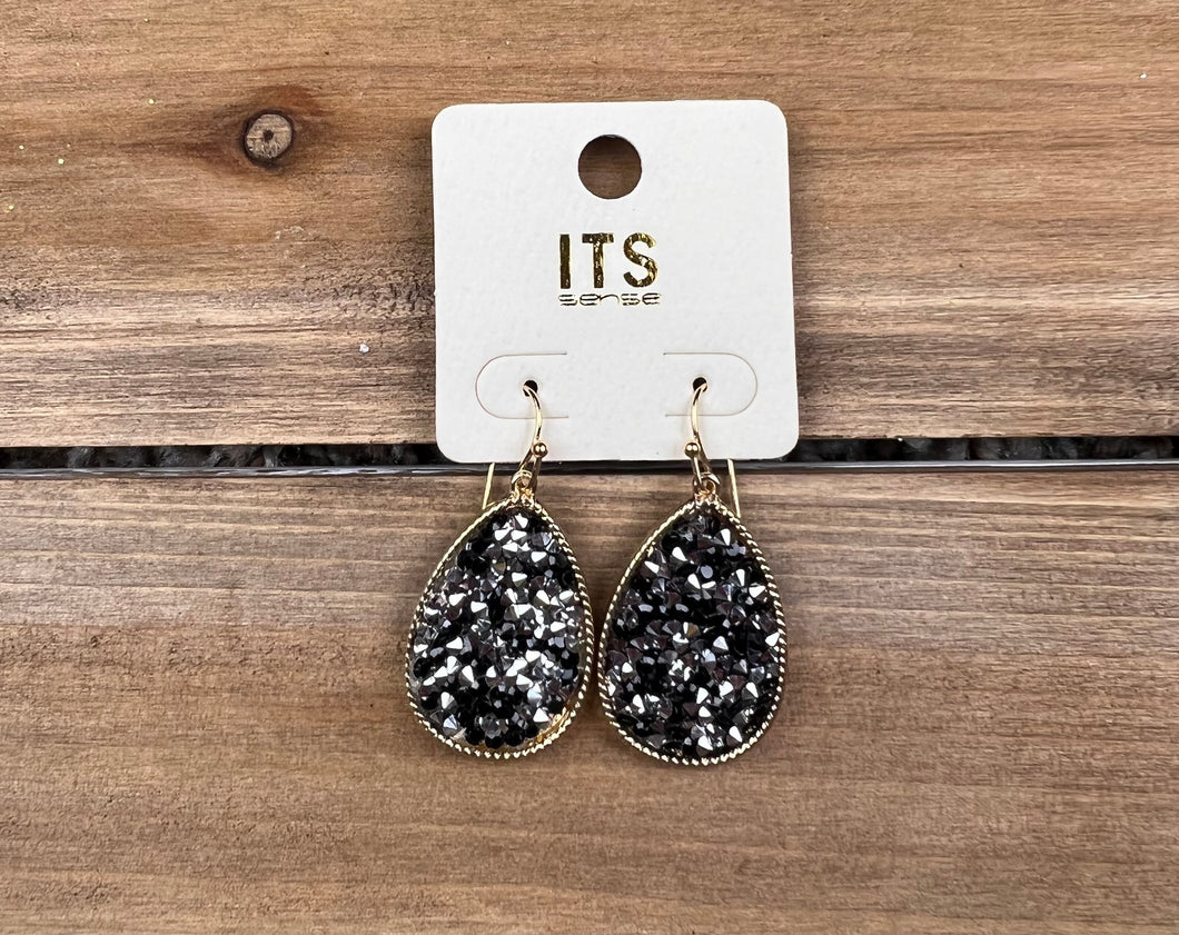 Hematite Glitter Stone Tear Drop Hook Earrings