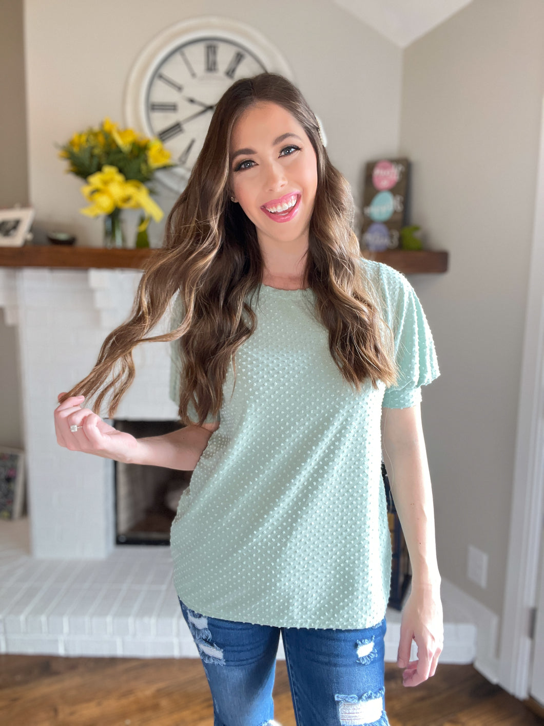 Sage Swiss Dot Puff Sleeve Top