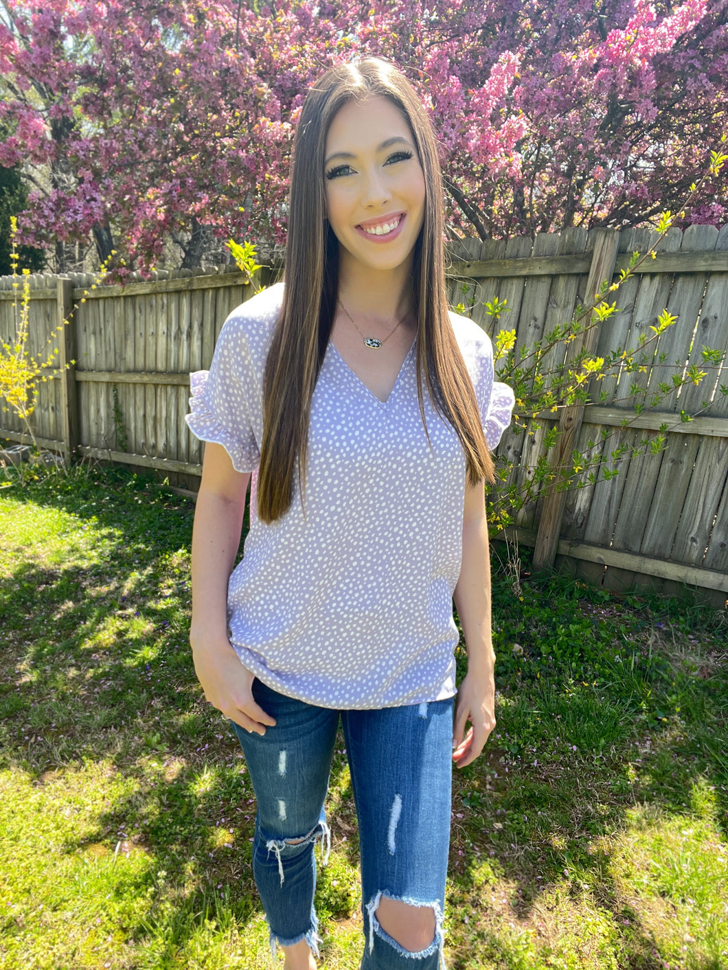 Lavender Speckles & Spots Ruffle Sleeve Top
