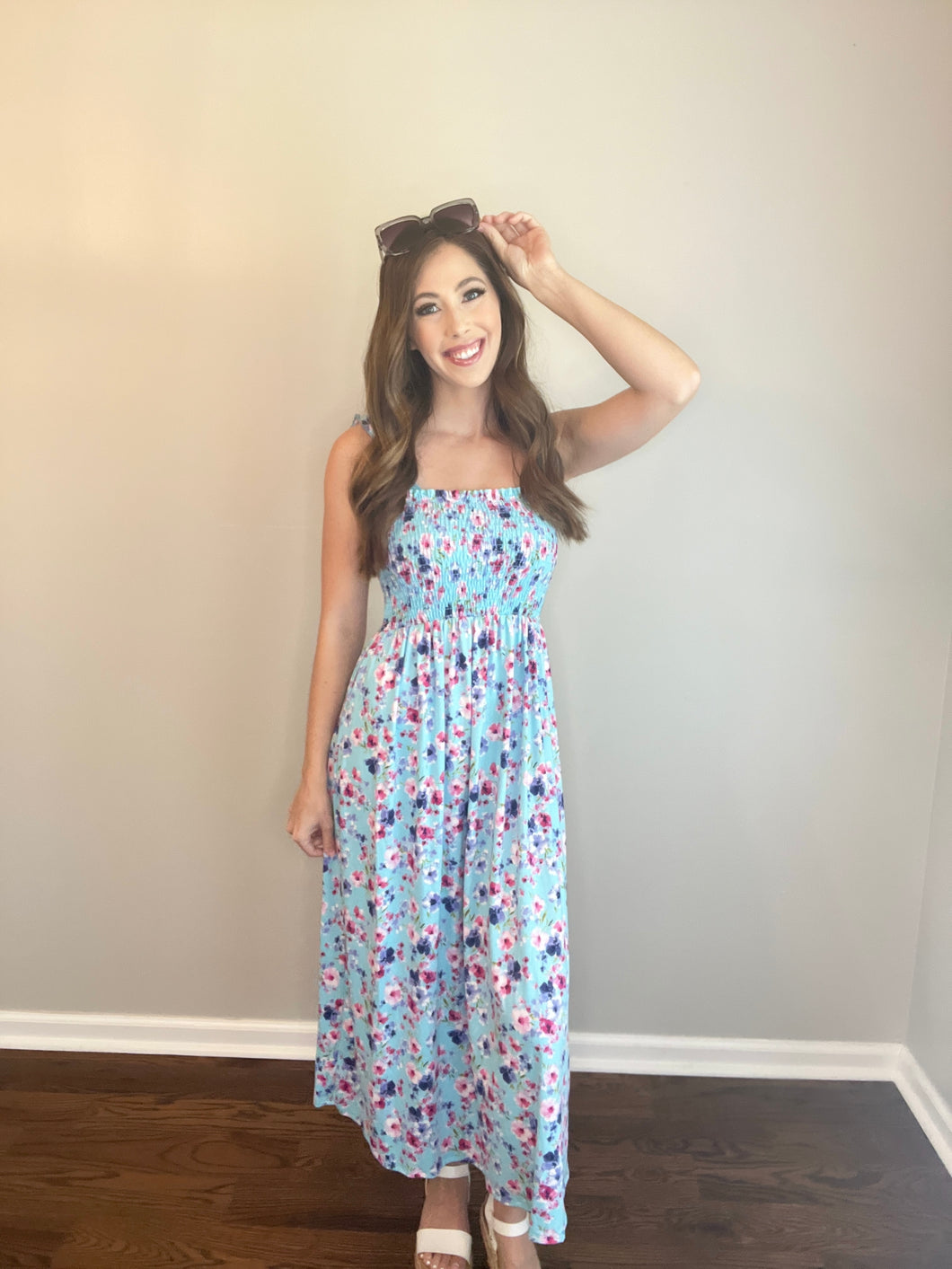 Turquoise Sleeveless Floral Print Dress