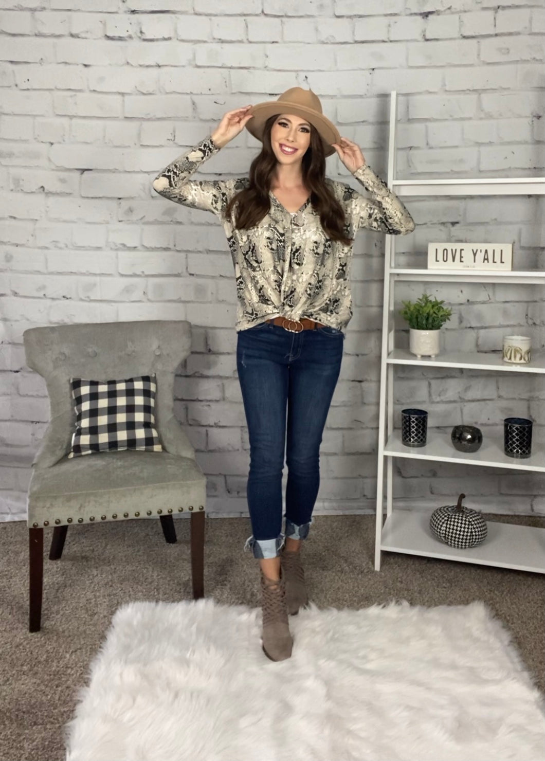 Snakeskin Twist Front Long Sleeve Top