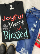 Load image into Gallery viewer, Joyful, Merry &amp; Blessed Holiday Graphic Tee Shirt

