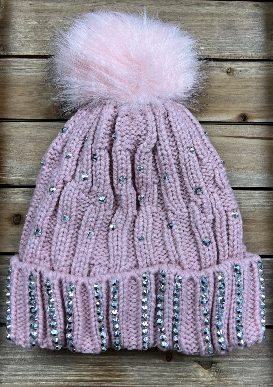 Blush Rhinestone Pom Beanie