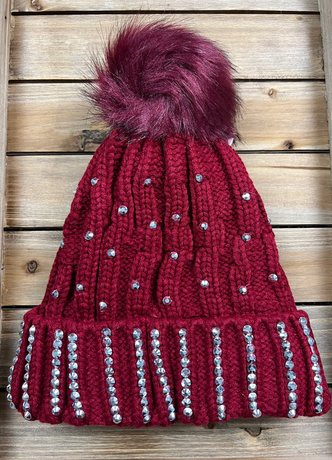 Rose Rhinestone Pom Beanie