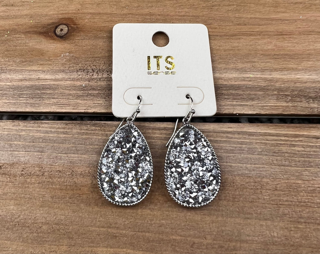 Silver Glitter Stone Tear Drop Hook Earrings