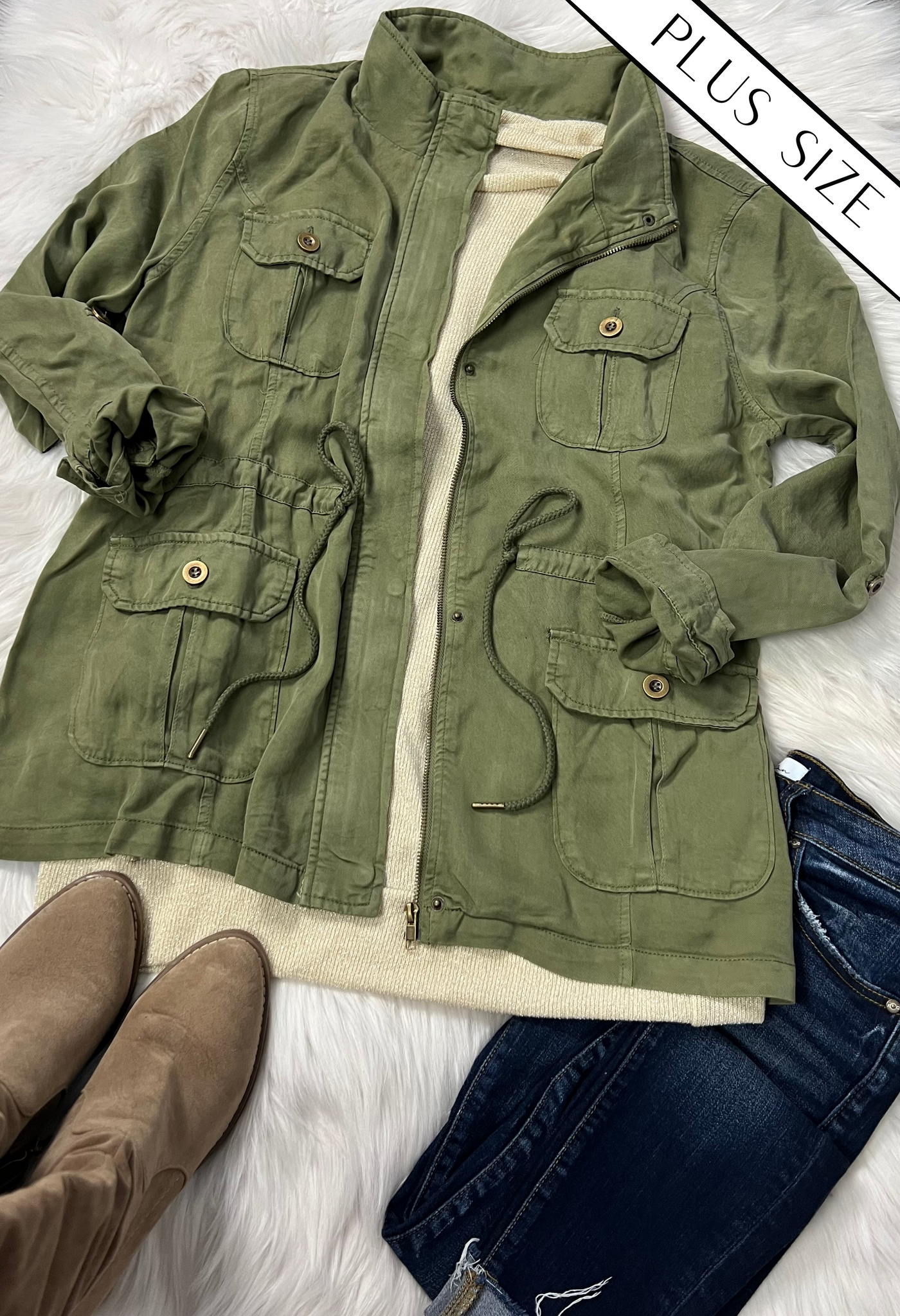 Plus size olive green jacket deals